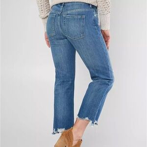 Free People Maggie Mid Rise Straight Leg Jeans Frayed Button Fly Sequoia Blue 26